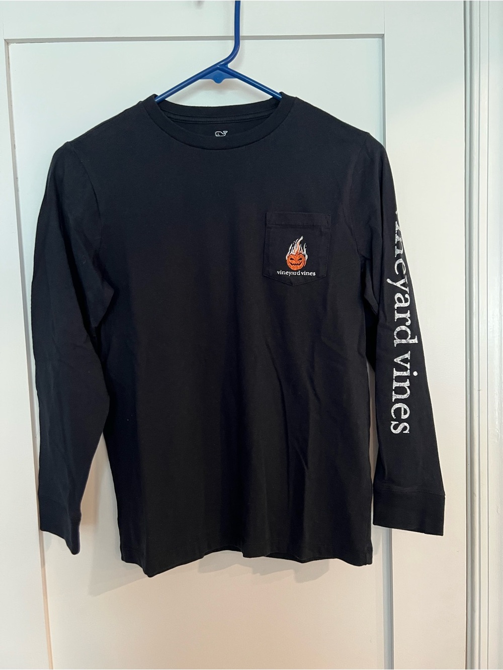 Vineyard Vines Black Long-Sleeve Halloween Pocket Tee with Flaming Pumpkin Logo